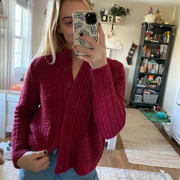 L.L.  Bean Red Knit Button Up Cardigan Sweater - Picture 1 of 6